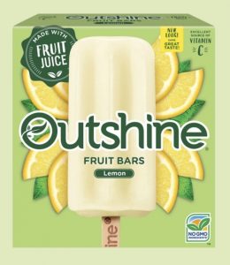 Package of Outshine fruit popsicles, lemon flavor 